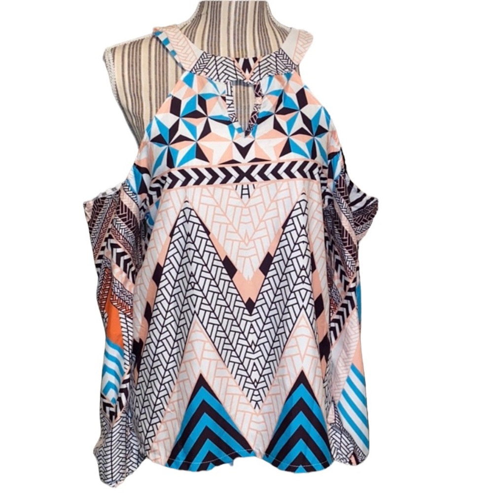 Boutique cold shoulder super cute pastel geometric print top